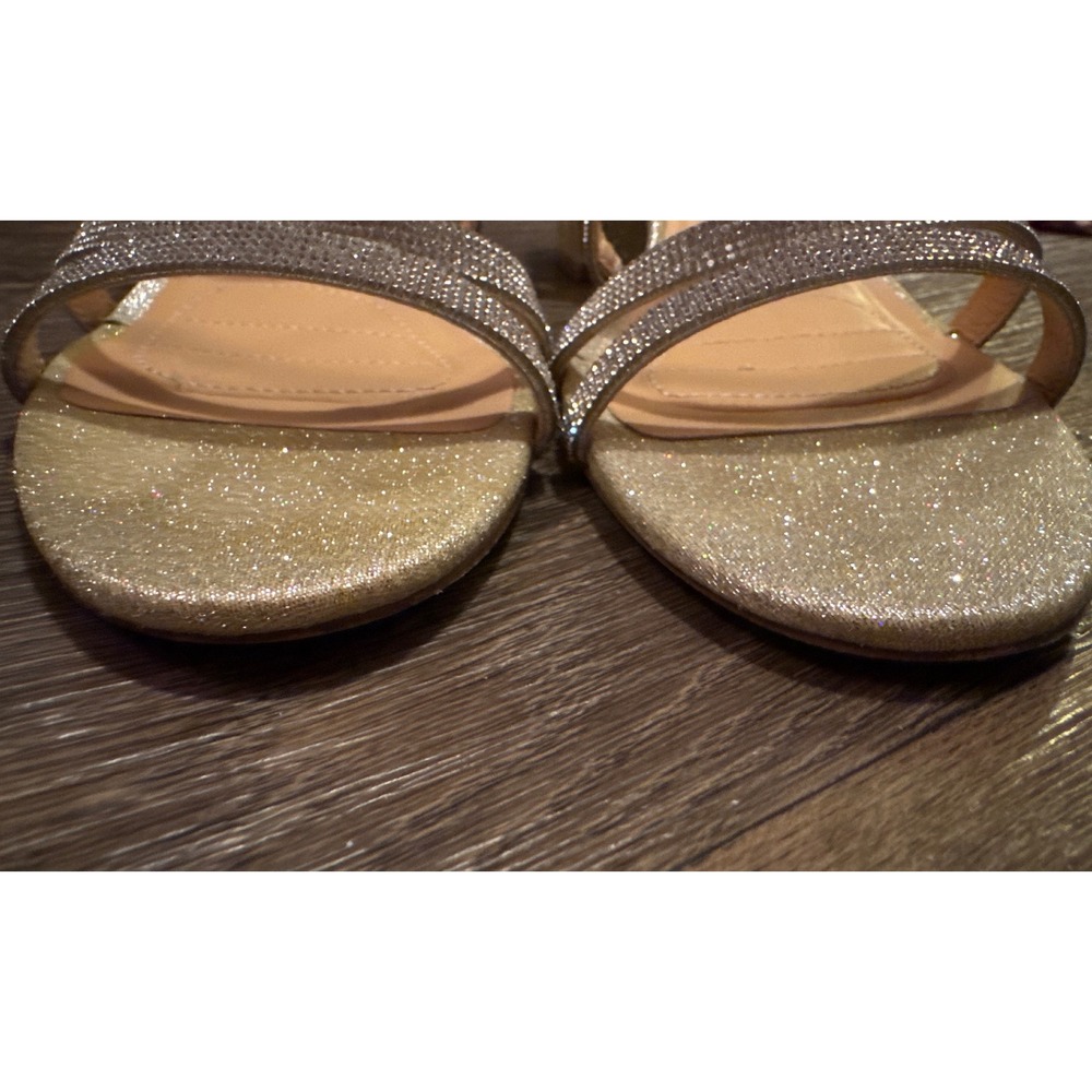 American Glamour Badgley Mischka Gold Glitter Rhinestone Block Heel Sandals 9.5 - Picture 2 of 13